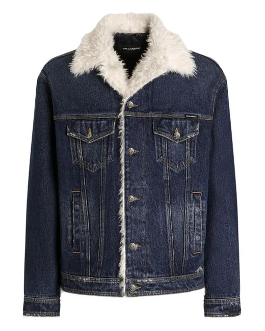 Dolce & Gabbana Blue Denim Shearling-Trim Jacket for men