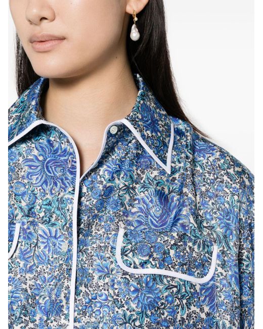 Sandro Blue Floral-print Silk Shirt