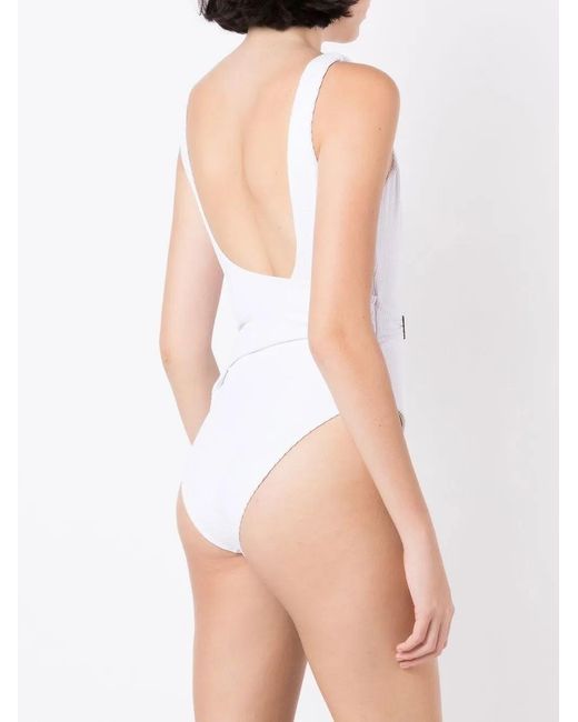 Amir Slama White Ribbed Logo-Buckle Swimsuit