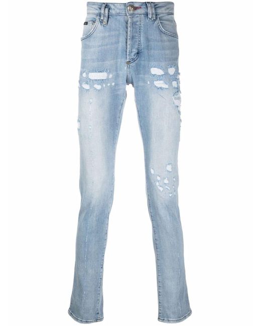 Philipp Plein Blue Super Straight Stonewash Distressed Jeans for men