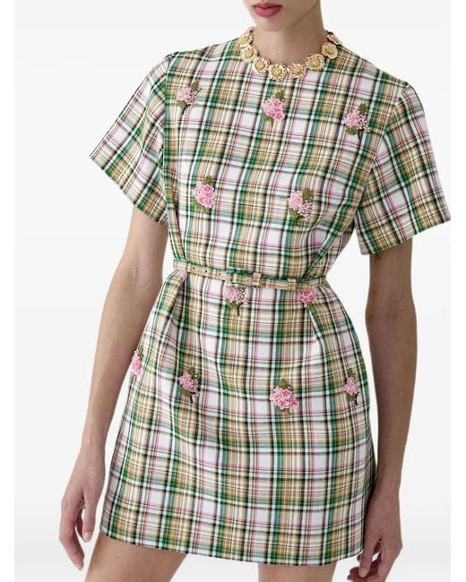 Carolina Herrera White Embellished Check Shift Mini Dress
