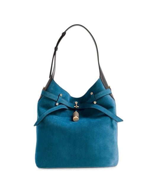 Borbonese Blue Medium Premiere Buckle-Detail Suede Bucket Bag