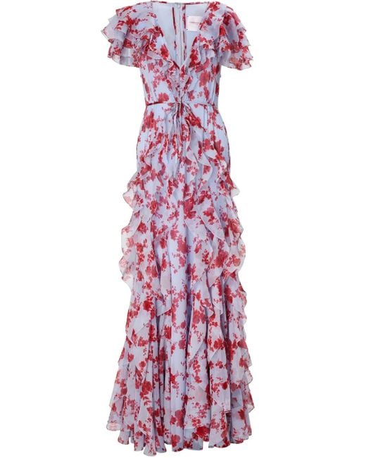 Carolina Herrera Purple Floral-Print Ruffled Gown