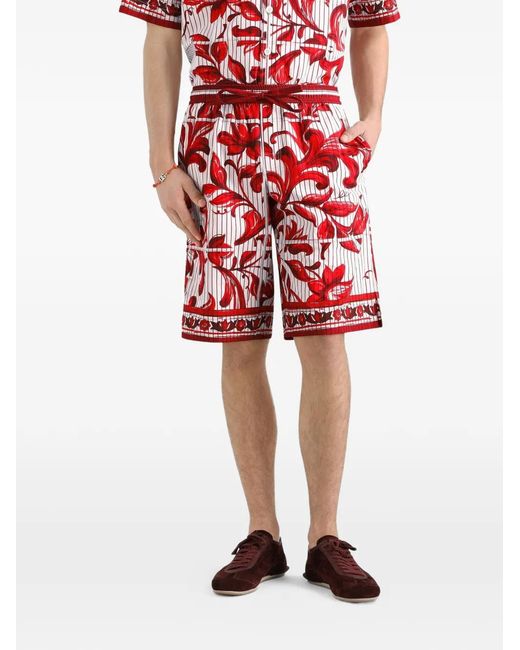 Dolce & Gabbana Red Majolica-Print Striped Poplin Vanity Bermudas for men