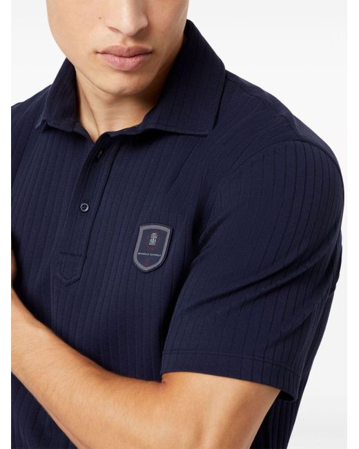 Brunello Cucinelli Geripptes Poloshirt mit Logo-Applikation in Blue für Herren