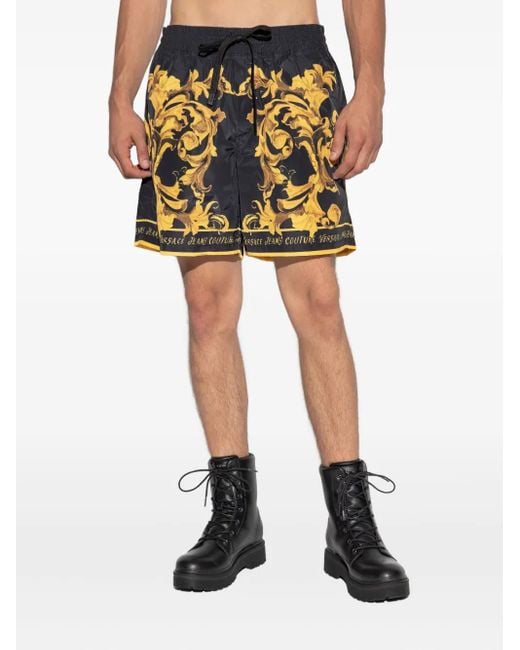 Versace Jeans Couture Black Baroque-Print Drawstring Shorts for men
