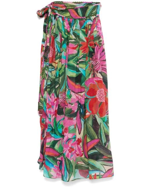 Farm Rio White Floral-Print Midi Skirt