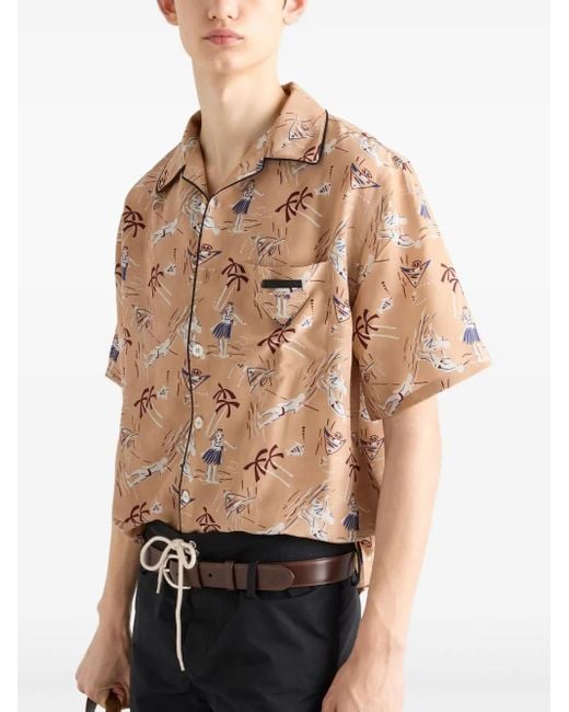 Prada Natural Printed Silk Blend Bowling Shirt for men