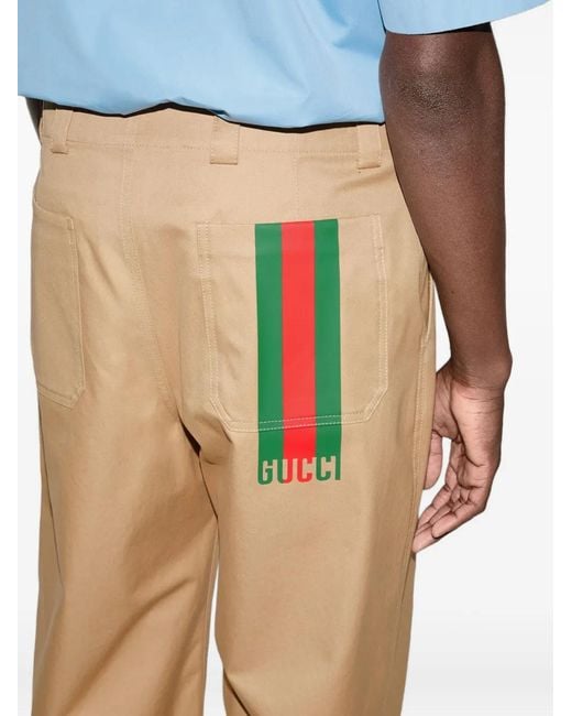 Gucci Natural Web-Striped Cotton Twill Trousers for men