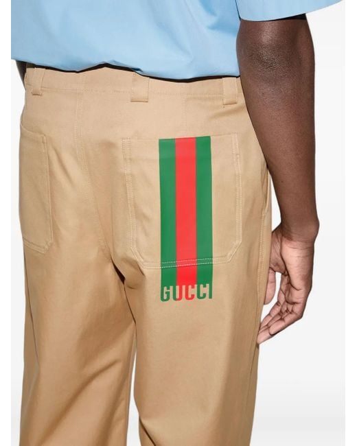 Gucci Natural Web-Striped Cotton Twill Trousers for men