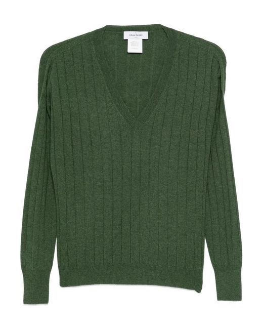 Gran Sasso Green Ribbed V-Neck Sweater