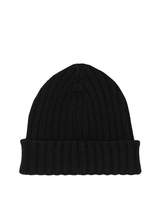 C P Company Black Ribbed Logo-Patch Beanie