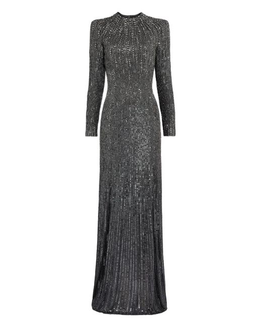 Jenny Packham Gray Rory Sequin-Embellished Long-Sleeve Maxi Dress