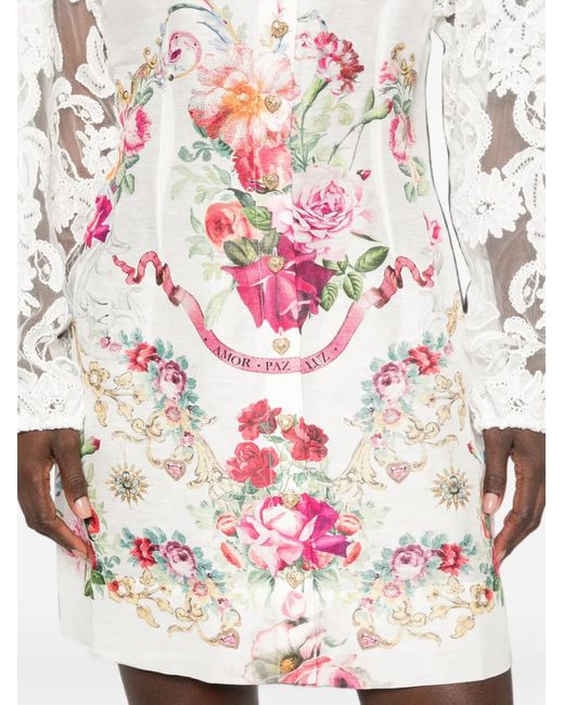 Camilla White Lace-Sleeves Floral-Print Mini Dress