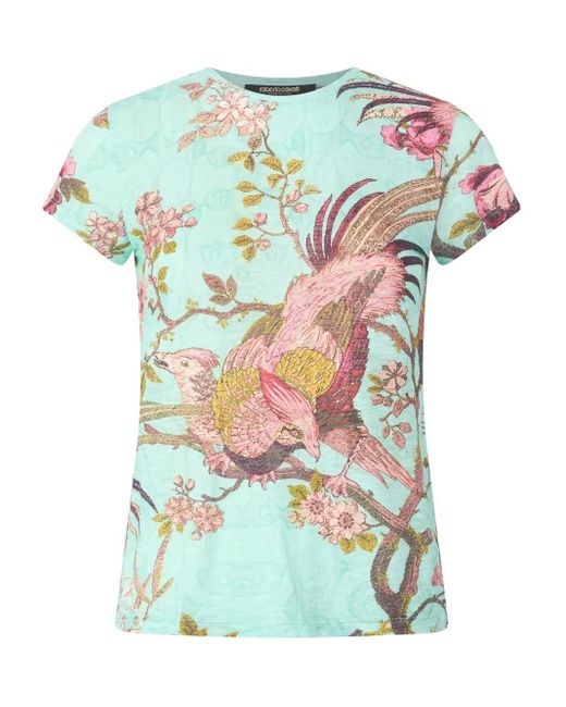 Roberto Cavalli Blue Bird-Print Short-Sleeve T-Shirt