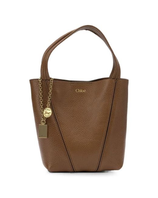 Chloé Brown Spin Logo-Print Grained Leather Tote Bag
