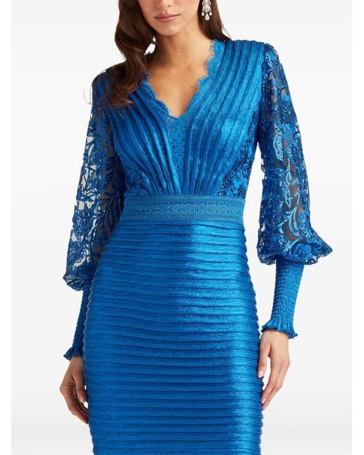 Tadashi Shoji Blue Lovell Pleated Lace Dress
