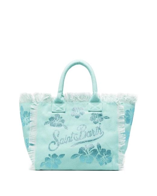 Mc2 Saint Barth Blue Vanity Beaded-Floral Tote Bag