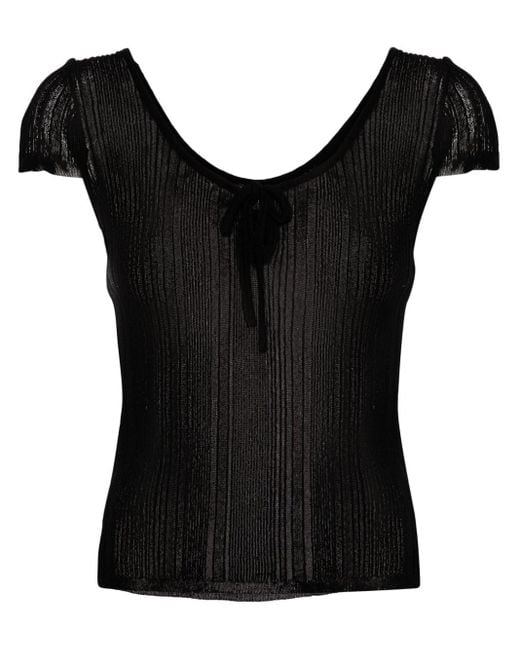 Pinko Black Fringed Ribbed-knit T-shirt