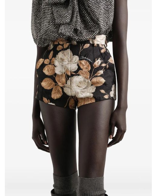 Dolce & Gabbana Black Rose-Print Brocade Shorts