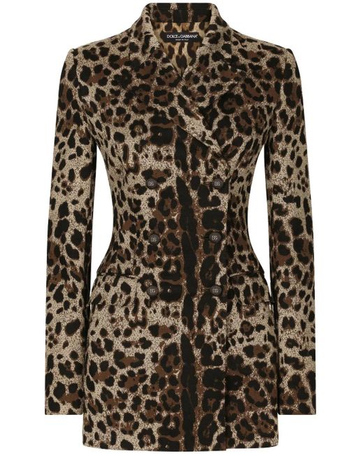 Dolce & Gabbana Black Double-Breasted Wool Turlington Jacket With Jacquard Leopard Design