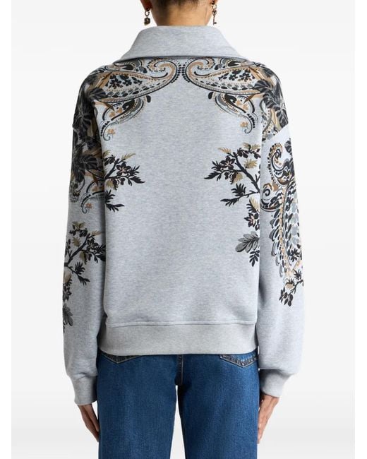 Etro Gray Cotton Sweatshirt With Short-Zip And Placed Paisley And Flower Print