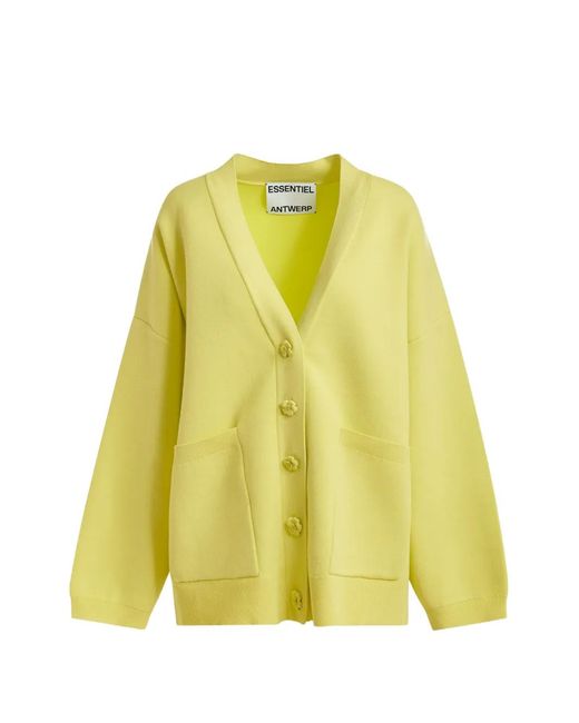 Essentiel Antwerp Yellow Flower-Buttons Patch-Pocket Cardigan
