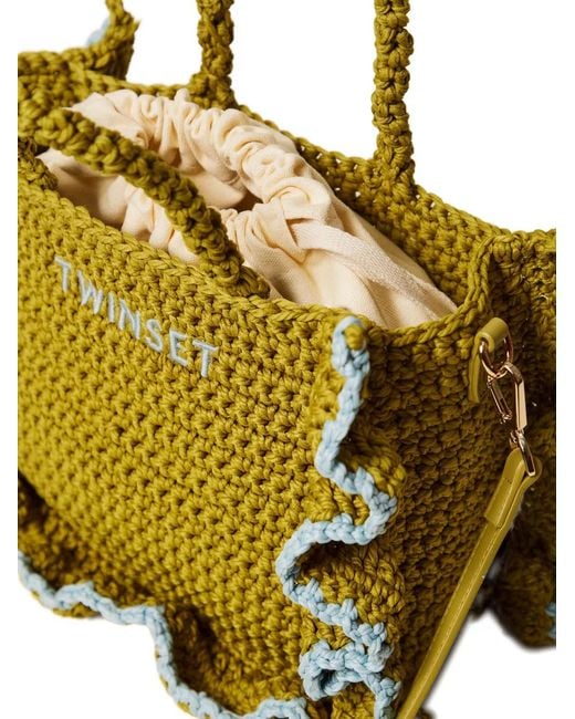 Twinset Yellow Crochet Shoulder Bag With Flowers