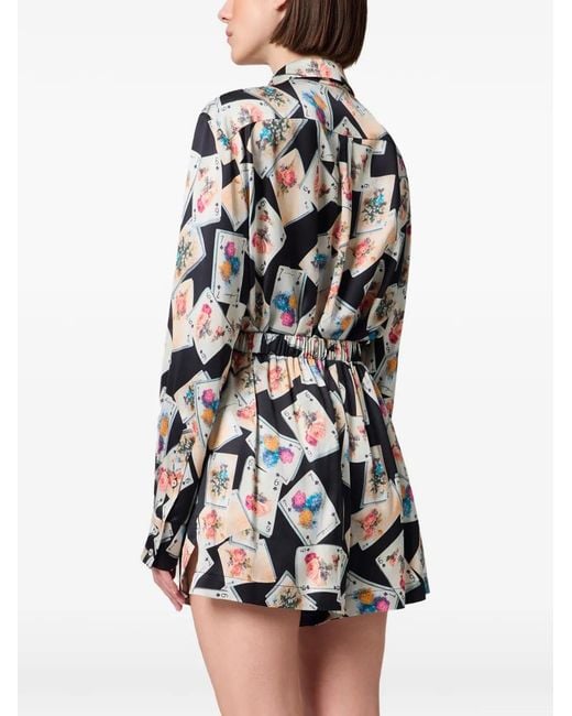 MSGM White Playing-Card-Print Pussy-Bow Blouse