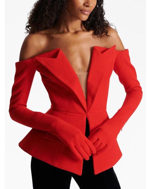 Balmain Red Off-Shoulder Virgin-Wool Top