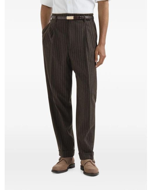 Brunello Cucinelli Black Virgin Wool And Cashmere Chalk Stripe Trousers With Double Pleats for men