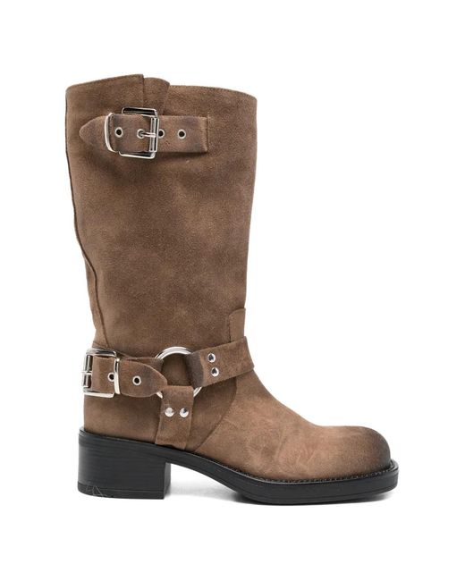 GISÉL MOIRÉ Brown Buckle-Strap Boots