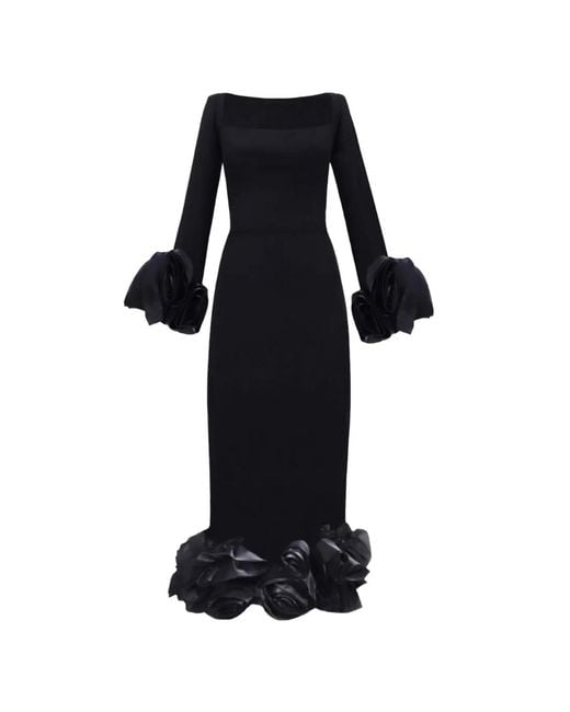 Gemy Maalouf Black Floral-Details Midi Dress