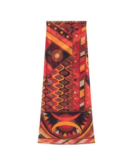 Emilio Pucci Red Geometric-Print Mesh Maxi Skirts