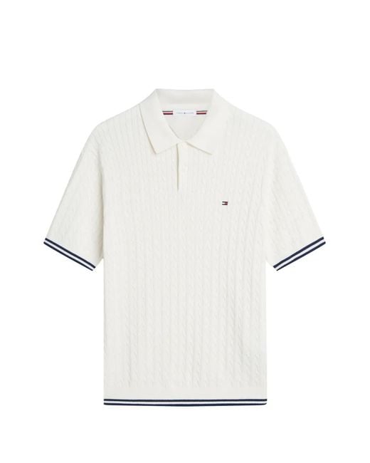 Tommy Hilfiger White Cable-Knit Polo Sweater for men