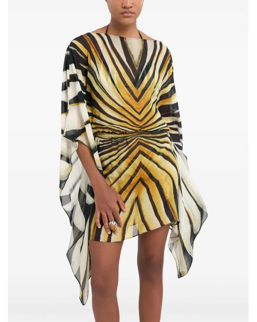 Roberto Cavalli Metallic Ray Of Print Chiffon Silk Dress