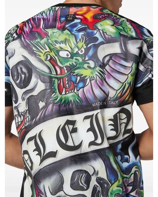 Philipp Plein Black Tattoo-Print Cotton T-Shirt for men