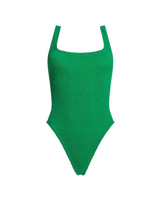 Hunza G Green Crinkle-Effect Square-Neck Swimsuit