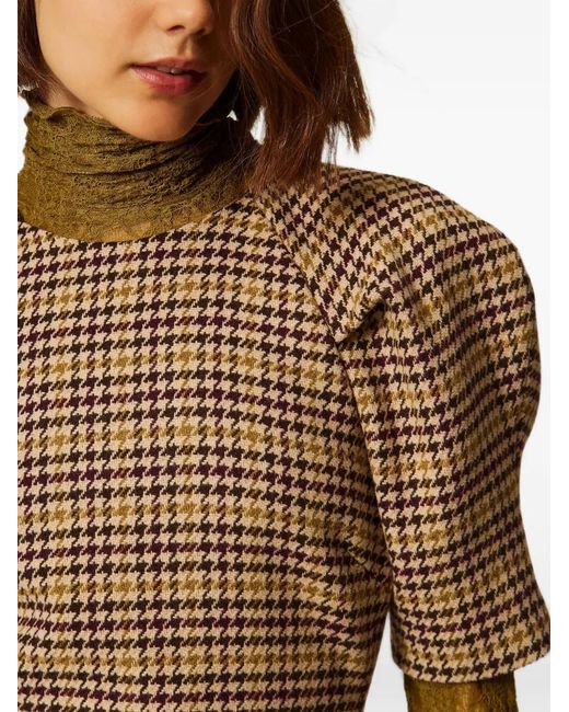 Twinset Brown Short Houndstooth Jacquard Dress