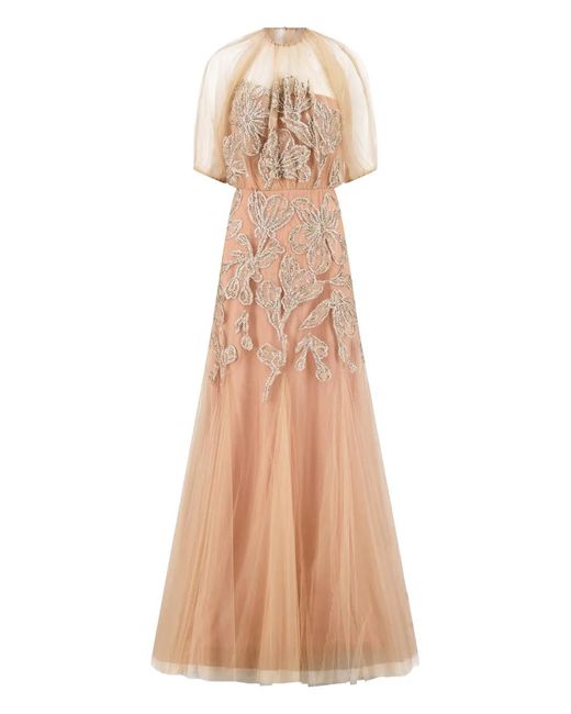 Lela Rose Natural Floral-Embroidered Gown