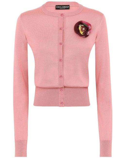 Dolce & Gabbana Pink Floral-appliqué Silk Cardigan