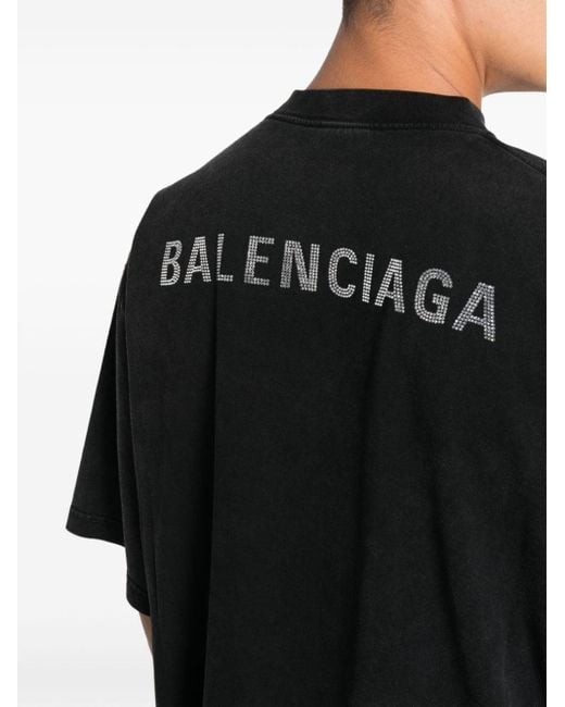 Balenciaga Black Rhinestone-logo Cotton T-shirt for men