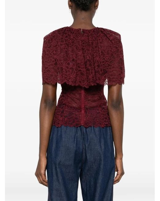 Self-Portrait Red Ruffled Lace-Overlay Top