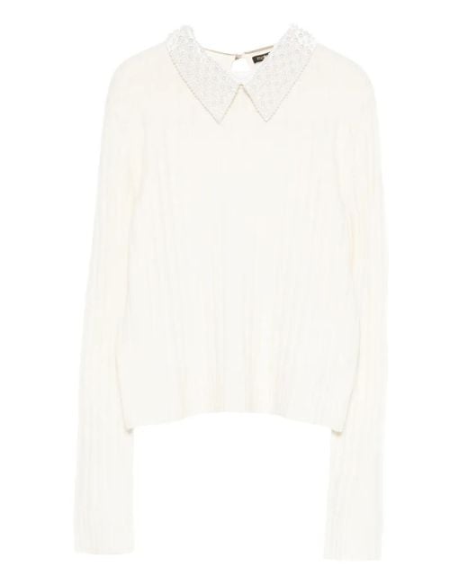 Maje White Beaded-Collar Sweater