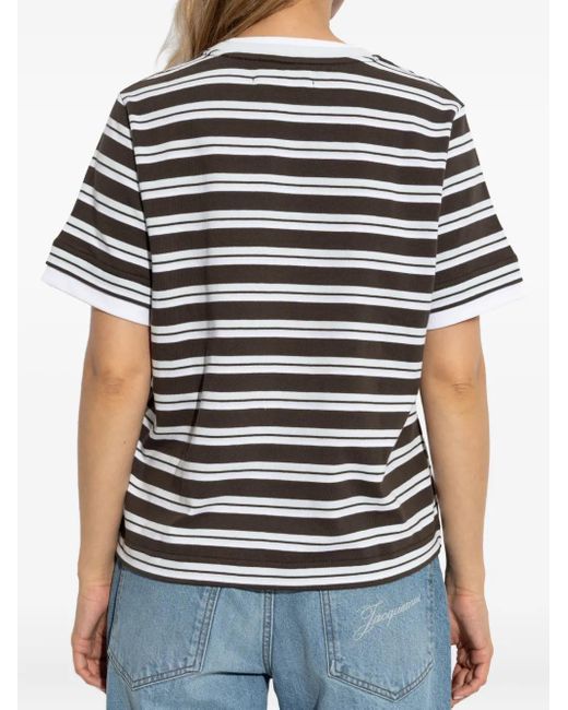 Samsøe & Samsøe Black Embroidered-Logo Striped-Pattern T-Shirt