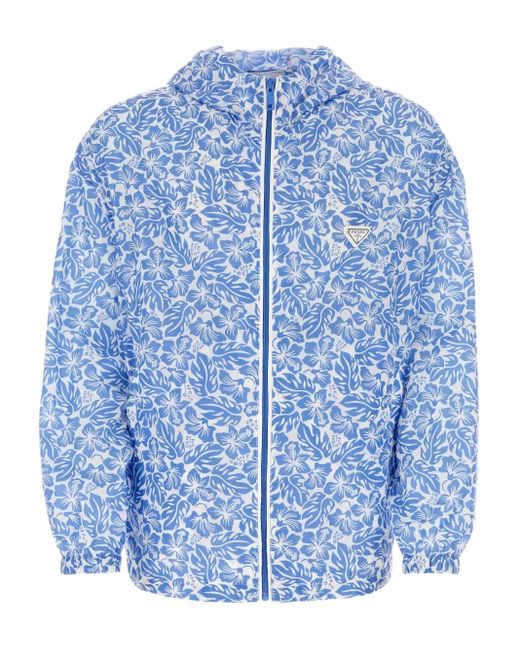 Prada Blue Floral-Print Hooded Jacket for men