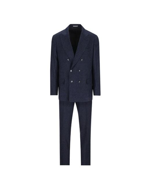 Brunello Cucinelli Blue Check Double-Breasted Suit for men