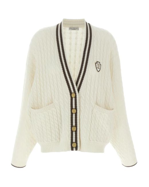 Brunello Cucinelli Natural Braided Cashmere Cardigan With Logo Patch