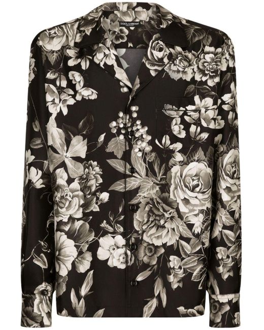 Dolce & Gabbana Black Floral-print Silk Shirt for men