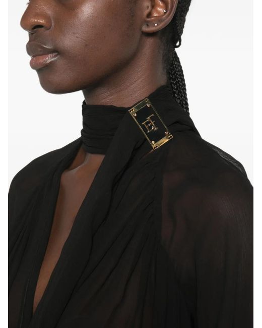 Elisabetta Franchi Black Sheer Logo-Plaque Shirt